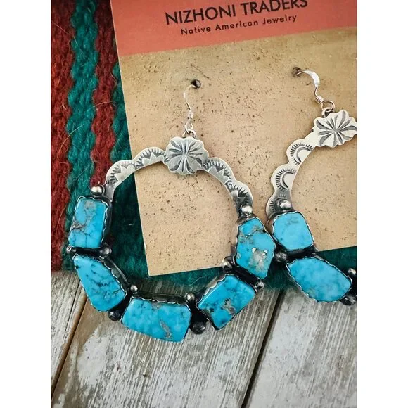 Handcrafted Turquoise & Sterling Silver Dangle Hoop Earrings